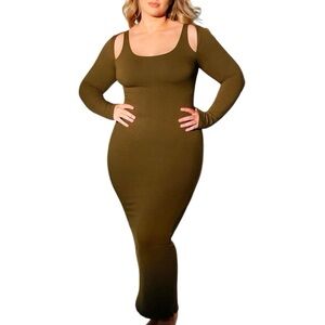 NWT Shapellx Large Olive Green Cozy Ribbed Shoulder Cut-Out Shaping Dress